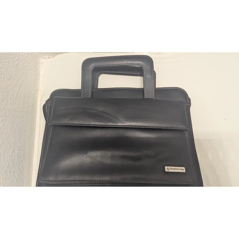 Franklin Covey Planner Binder w/Handle Vintage 7 Ring Black‎ Leather Zip Around